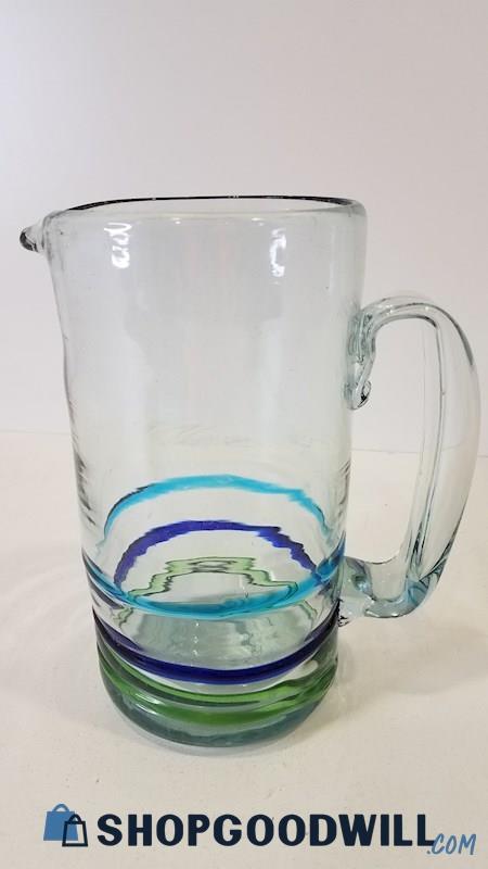 Blues/Greens Striped Glass Pitcher Approx 9