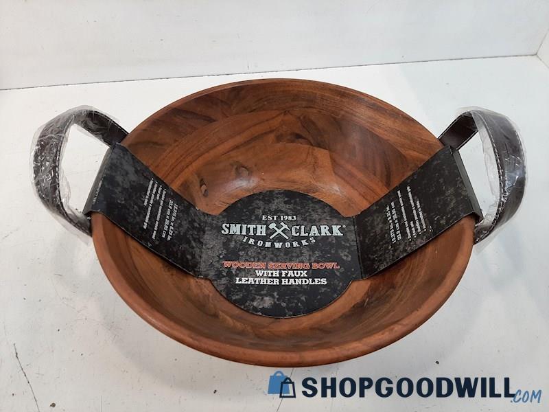Smith Clark Ironworks Wooden Serving Bowl With Faux Leather Handles 