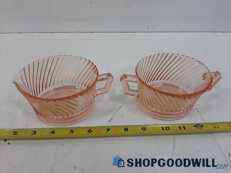 Unlabeled Pink Glass Cream and Sugar Serving Set