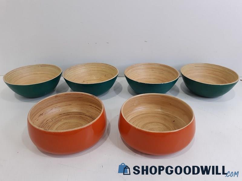 6 Pc. Core Teal/Orange Round Wooden Salad Bamboo Bowls / Fruit Serving Bowls