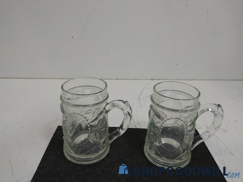 2PC Glass Mugs Clear Flower Patterns Heavy Stein with Handle  Kitchen Home Decor