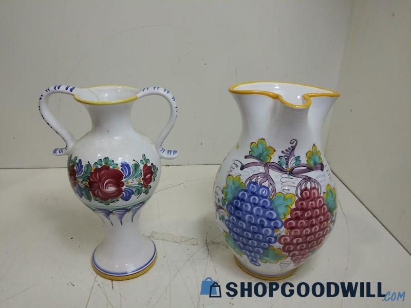 2PC Pitcher Decanter  Vase Jug Ceramic Floral Pattern Hand Painted Kitchen