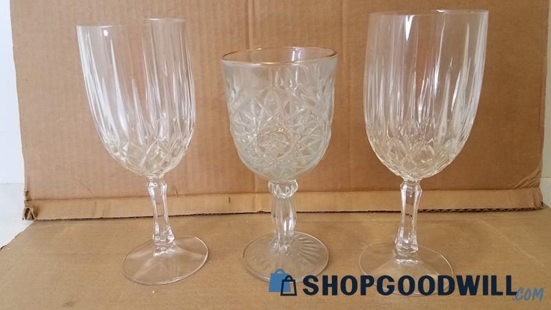 3pc Mixed Wineglasses Clear Glass/Crystal 1 Gilt Rim Approx 7