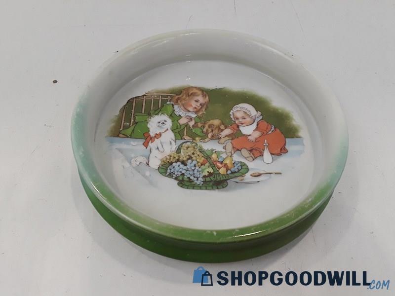 Vintage Children Scene Green Pottery Dish Plate 