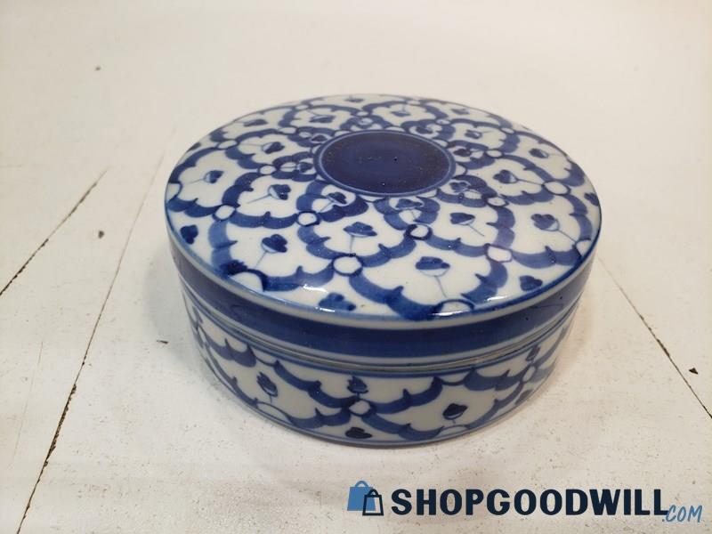 Vintage Blue & White Ceramic Trinket Box Jewelry Dish Unbranded 