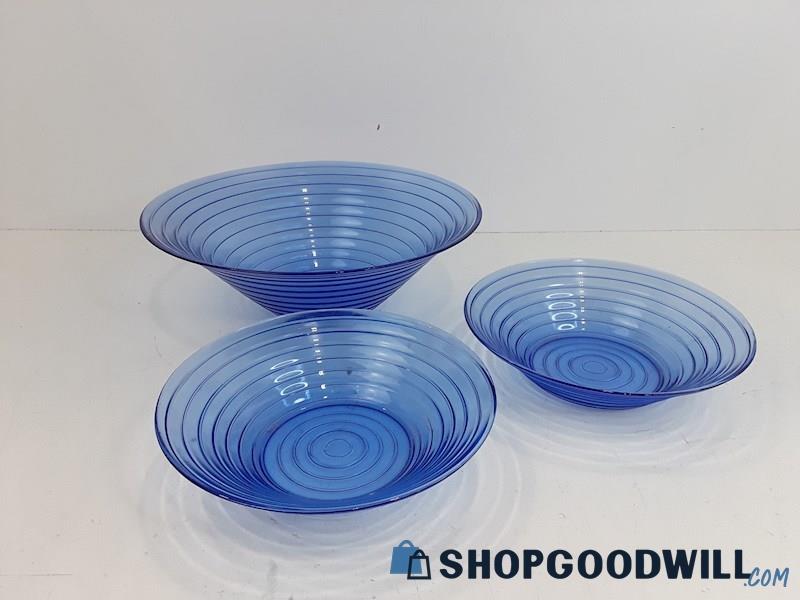Vintage 3pc Blue Ribbed Glass Serving Bowls Set