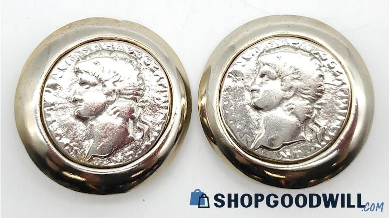 Vintage Bold 2-Tone Roman Coin Clip-On Earrings