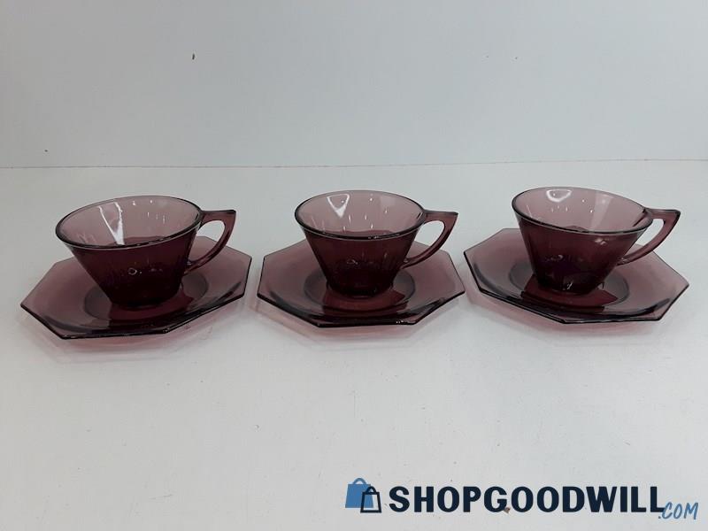 Hazel Atlas Moroccan Amethyst Purple Glass 6pc Cups & Saucers 