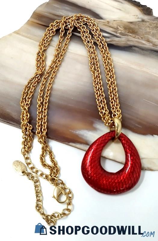 Vintage Erwin Pearl Gold-Tone Red Open Tear Pendant Necklace 