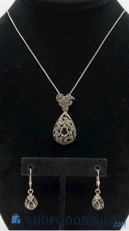 .925 Ornate Garnet & Marcasite Necklace & Earrings 12.21 Grams