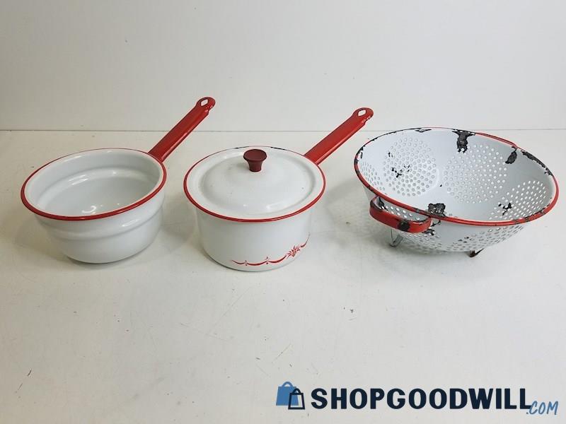 Vintage Red & White Enamelware 3 pc Double Boiler With Cullinder