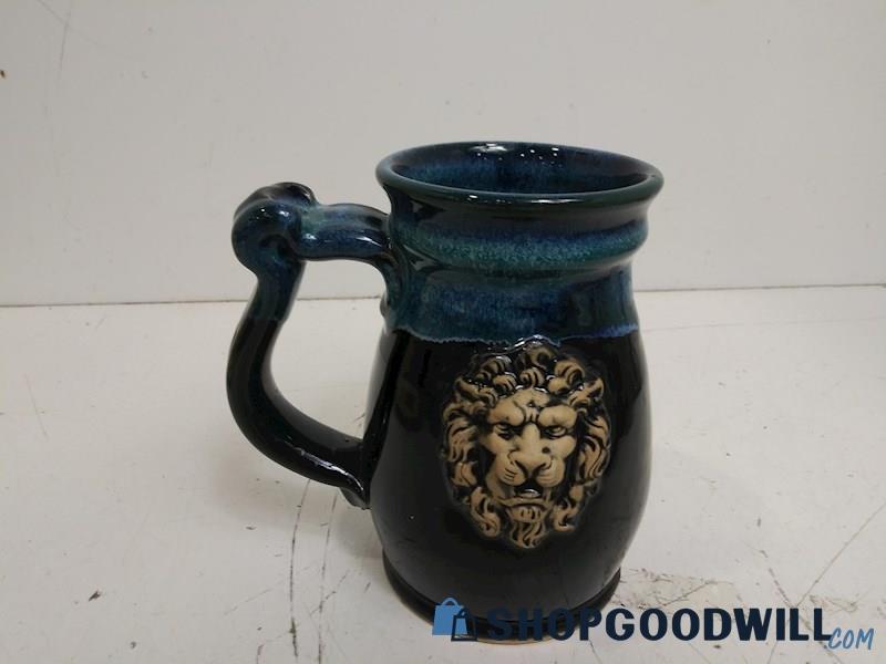 Pottery Beer Mug W/ 3D Lion Renaissance Festival Blue Handle Black Glazed Bottom
