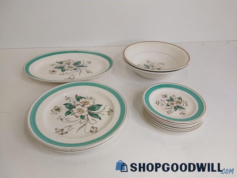 13pc Edwin Knowles Sharon Dinner Trays Plates Bowls White Flower Green Leaves