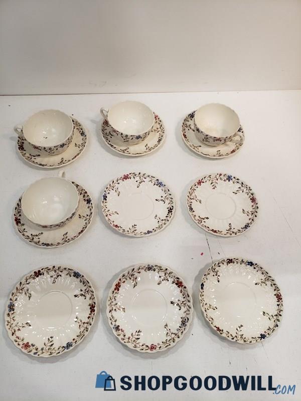 13pc Vintage Spode Copeland Wicker Dale Floral Saucer Plates & Cups/Mugs 