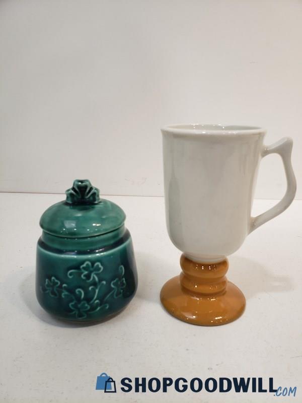 2pc Hall & St. Michaels Pottery Coffee Mug/Cup & Sugar Honey Jar Dish W/ Lid
