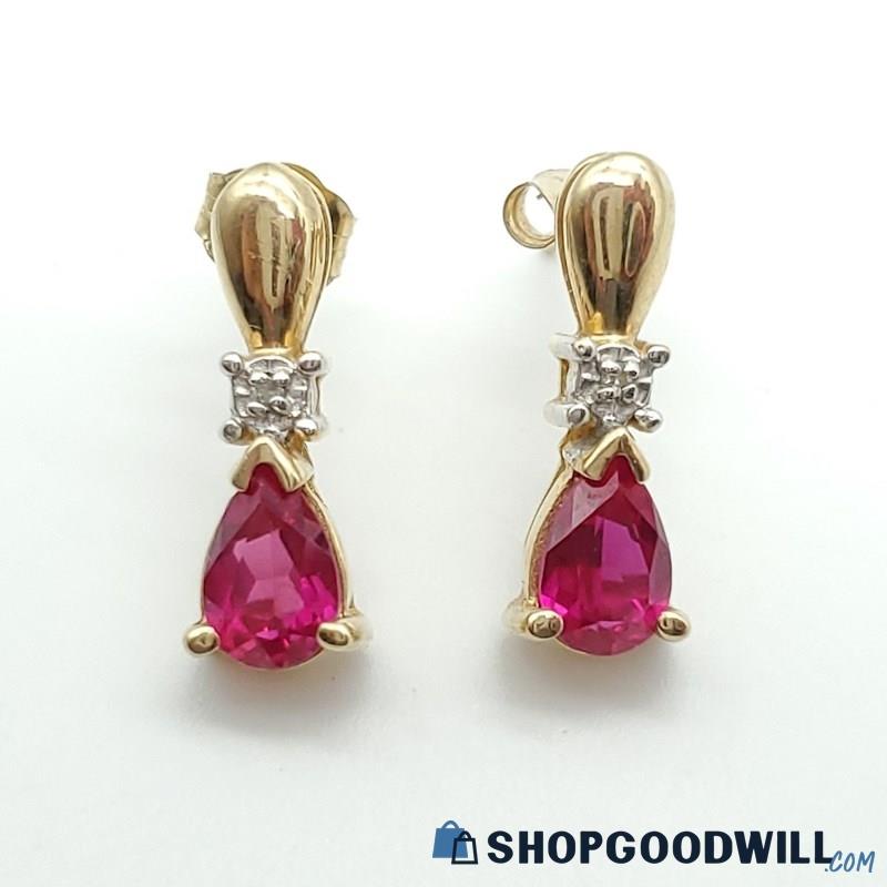 10K Yellow Gold Ruby With Diamond Accent Pear Shaped Earrings 1.56 Grams