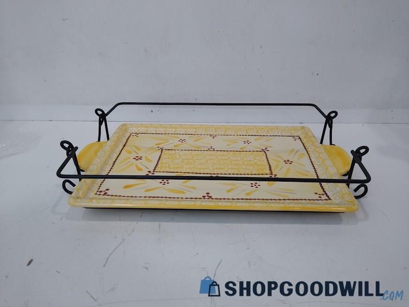 ID#4385 Temp-Tation Yellow Old World Tray In Black Wire Metal Holder