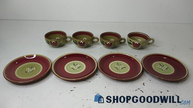 8pc Stangl Pottery Magnolia Saucers Tea Cups Red Green Floral