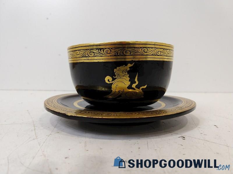 Gold & Black Chinese Tiger Teacup Set W/Ancient Leaf Rim UNBRANDED