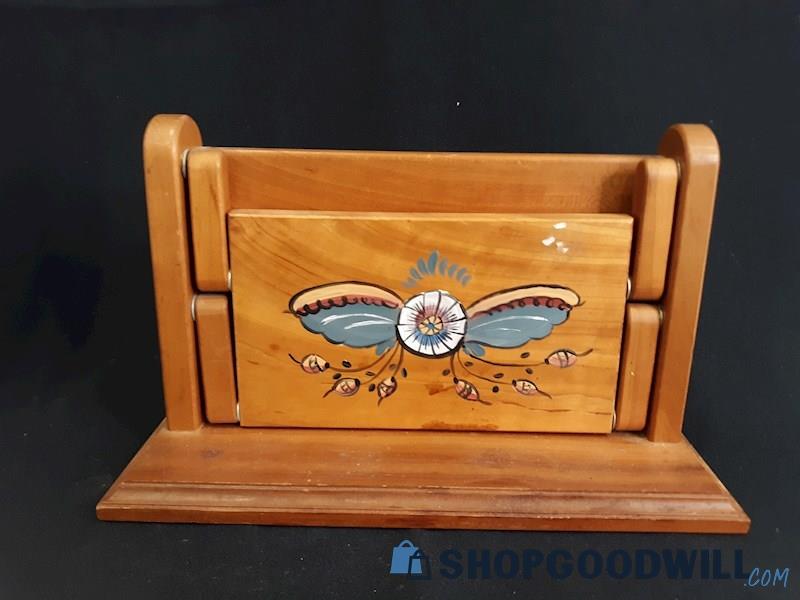 Vintage Wooden Rosemaled Napkin Holder W Butterfly Owl Angel Detail 