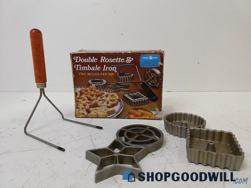 Nordic Ware Double Rosette & Timbale Iron W/4 Aluminum Molds IOB