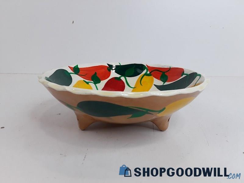 Vintage Mexican Pottery Chili Peppers Painted Bowl 