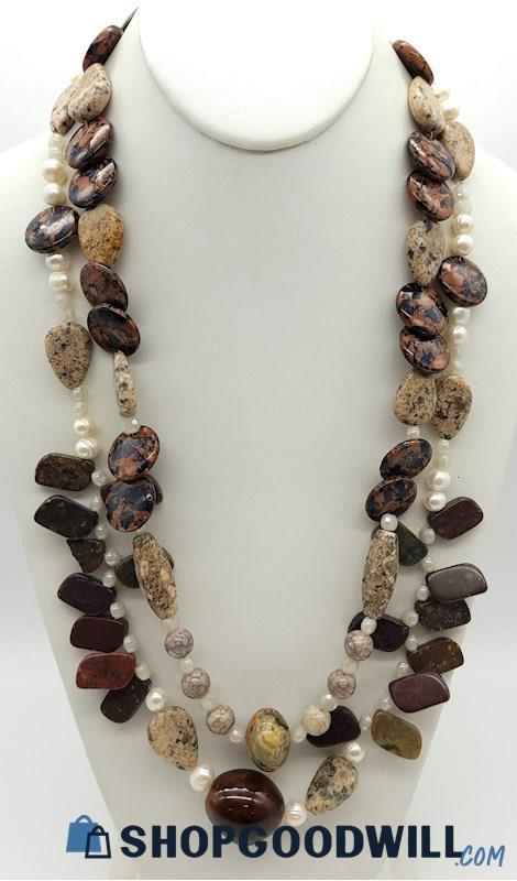 Cultured Pearl, Glass, & Natural Stone Beaded Necklace -Signed 