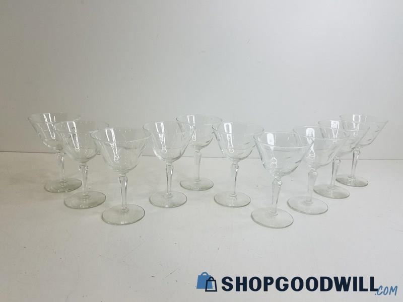 Ten Crystal Wine Glasses W/ Floral Design, Vintage Glass Cups Set