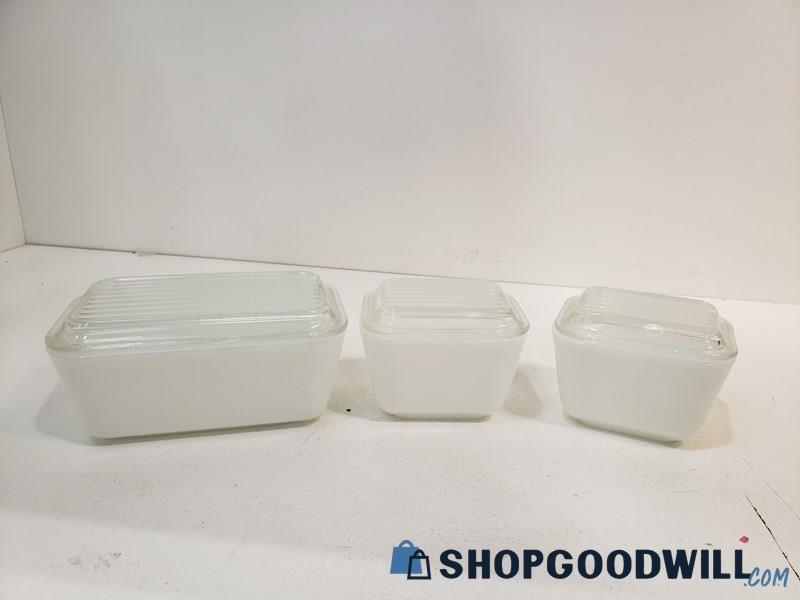 6pc Pyrex Refrigerator Pans W/ Lids White Glass Ovenware Various Sizes 