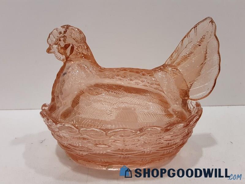 ID#501) Salmon Colored Glass Hen Serving Dish UBRANDED Appears Wax Is On It