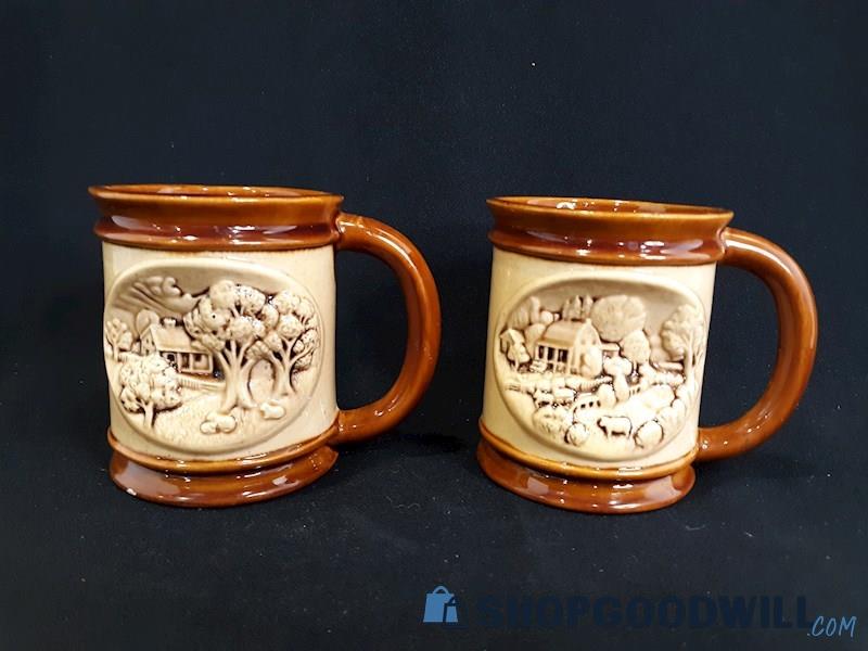 2 Pc. Vintage Hershey Mold 3-D Indented Farmhouse Scene Ceramic Mugs