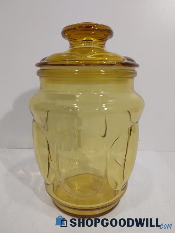 Vintage Yellow Pressed Glass Amber Gold Apothecary Jar Jug W/ Lid Kitchen Table 