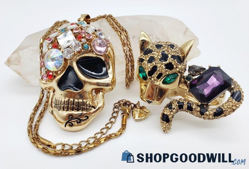 Betsey Johnson Gold Tone Leopard Double Ring & Crystal Skull Necklace