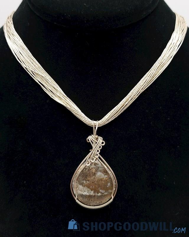 .925 Mohawkite on 20-Strand Liquid Silver Necklace 36.76 Grams