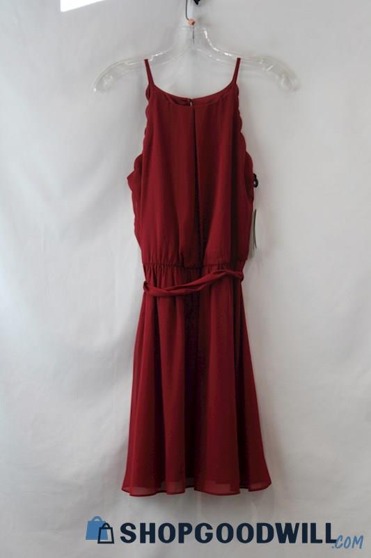 NWT BCX Dress Women's Maroon High Neck Scallop Trim Tie Belt Mini Dress  sz S