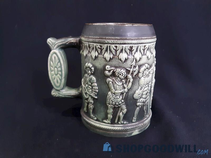 Vintage Collectible Green Beer Stein, Medieval Knights, Botanical Detailing