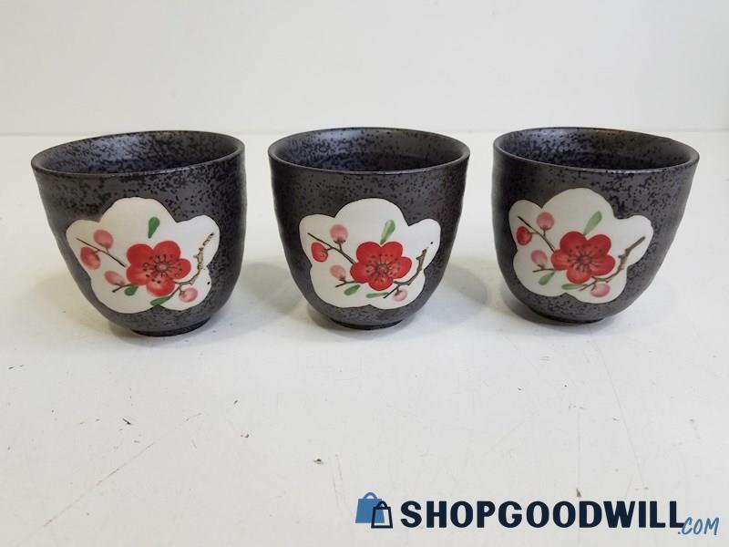 3 PC Tea Cup Set Japan Ceramic Silver With Cherry Blossoms