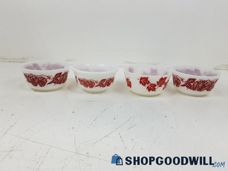 4 Hazel Atlas Milk Glass Bowls, Red Strawberry & Maple Leaf Design, Vintage