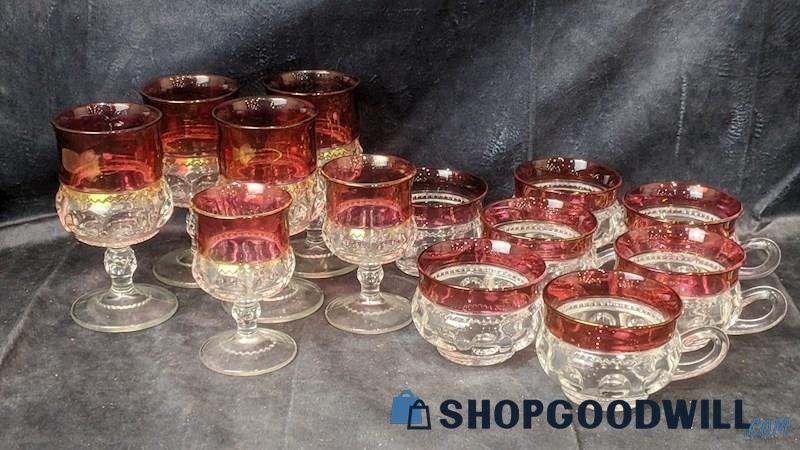 13pcs Vintage Tiffin Franciscan Kings Crown Ruby Red Clear Glass Cups/Goblets