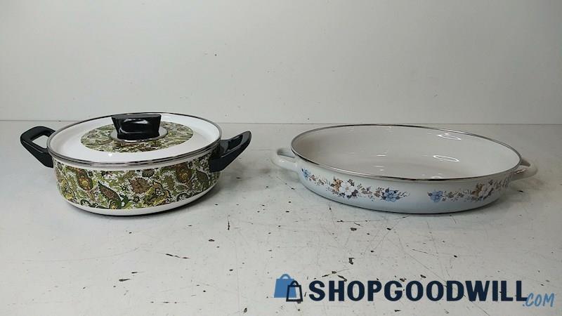 2pc Mixed Enameled-like Cookware White Oval Floral Pan & Green Paisley Pot w/Lid