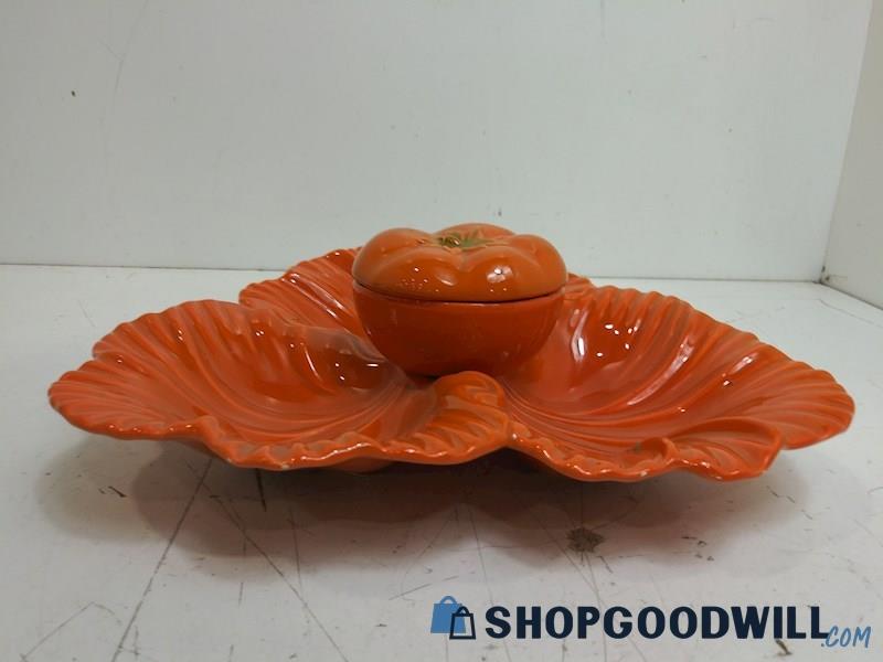 Orange Divide Lear With Lid Platter Plate Serving Pottery Small Chip Centerpiece