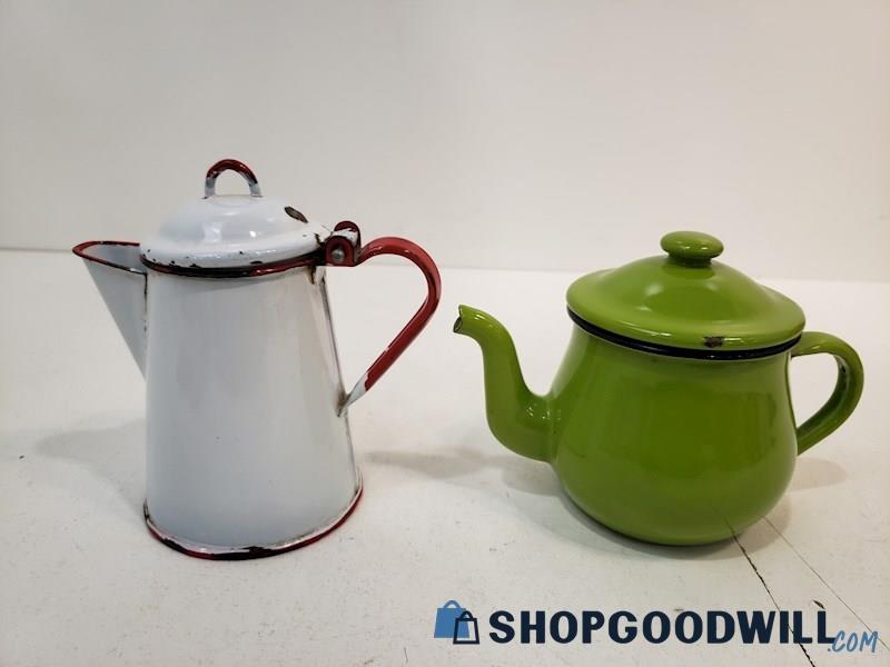 2pc Vintage Enamel Ware White & Red Coffee Pitcher & Green Teapot Unbranded