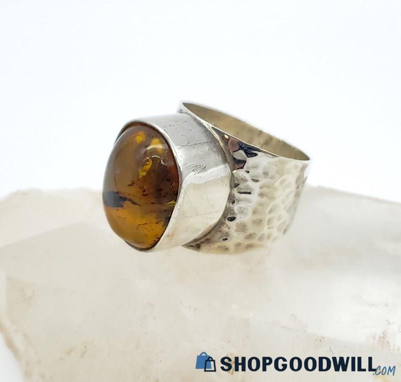 .925 Hammered Amber Cabochon Statement Ring 9.47 grams Size 10