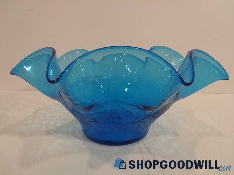 Unbranded Blue Ruffled Cracked Glass Bowl