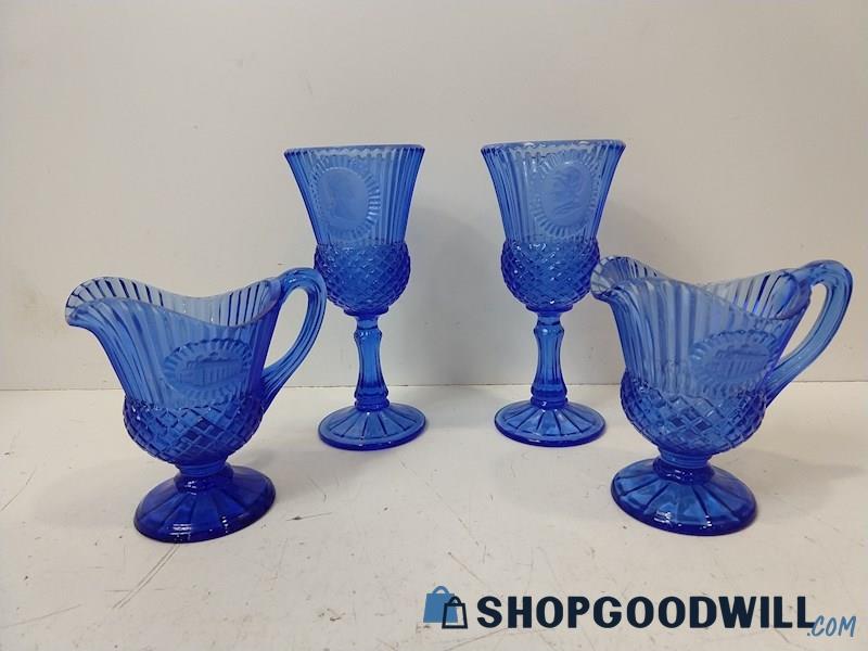 ID1 4pc AVON Fostoria Cobalt Blue Glass Stemmed Cups/Creamer Home Décor Kitchen 