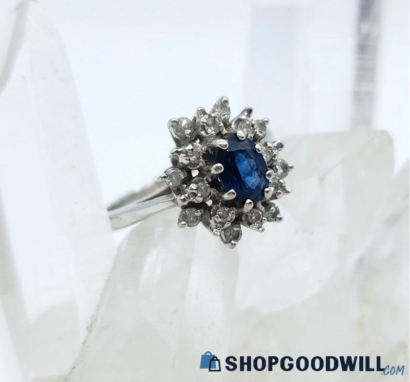 14K White Gold Sapphire & Diamond Ring 3.61 grams Size 5 3/4