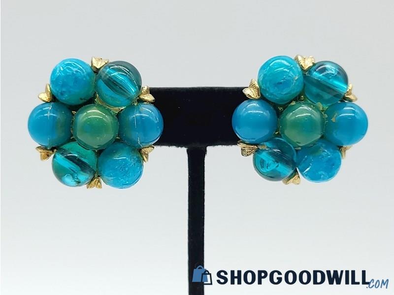 Vintage Kramer Blue Glass Bead Clip-Back Earrings 