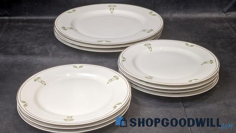 10pc Vintage 1917 OPCO Syracuse China White W/ Green Accents Dinner/Lunch Plates