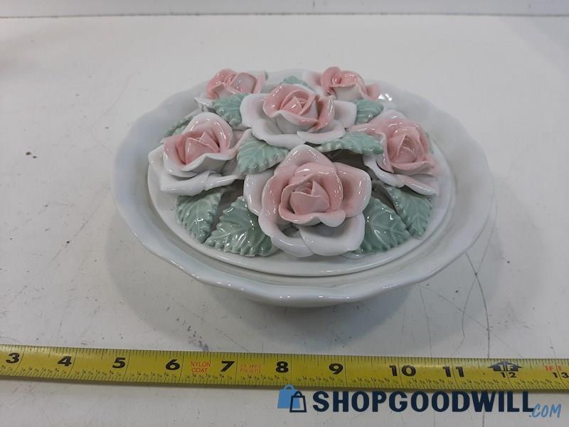 Unlabeled White Ceramic Bowl With Flowers on the Lid 8