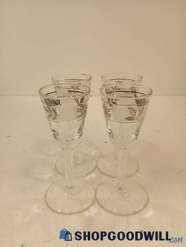 Vintage 4pc Libbey Glass Silver Leaf Small Wine Glasses 
